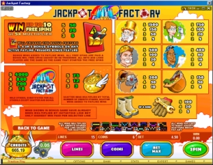Jackpot Factory Bonus Slot Paytable
