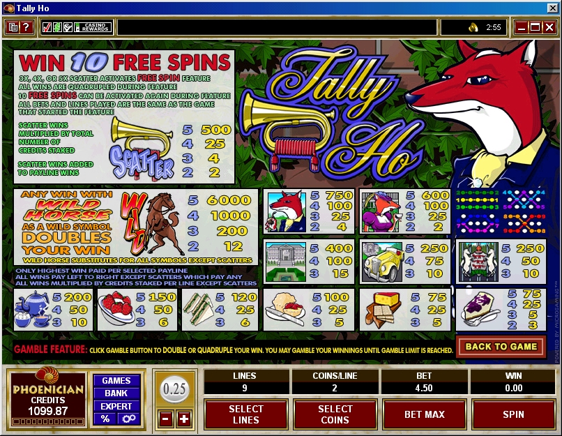 Tally Ho Slot Game Paytable